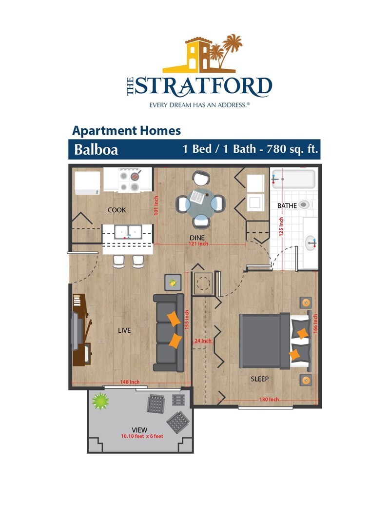 Floor plan for 1 bed, 1 bath, 780 sqft